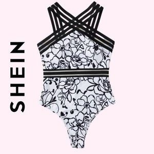 SHEIN NEW Black & White Floral Print Contrast Mesh One Piece Swimsuit